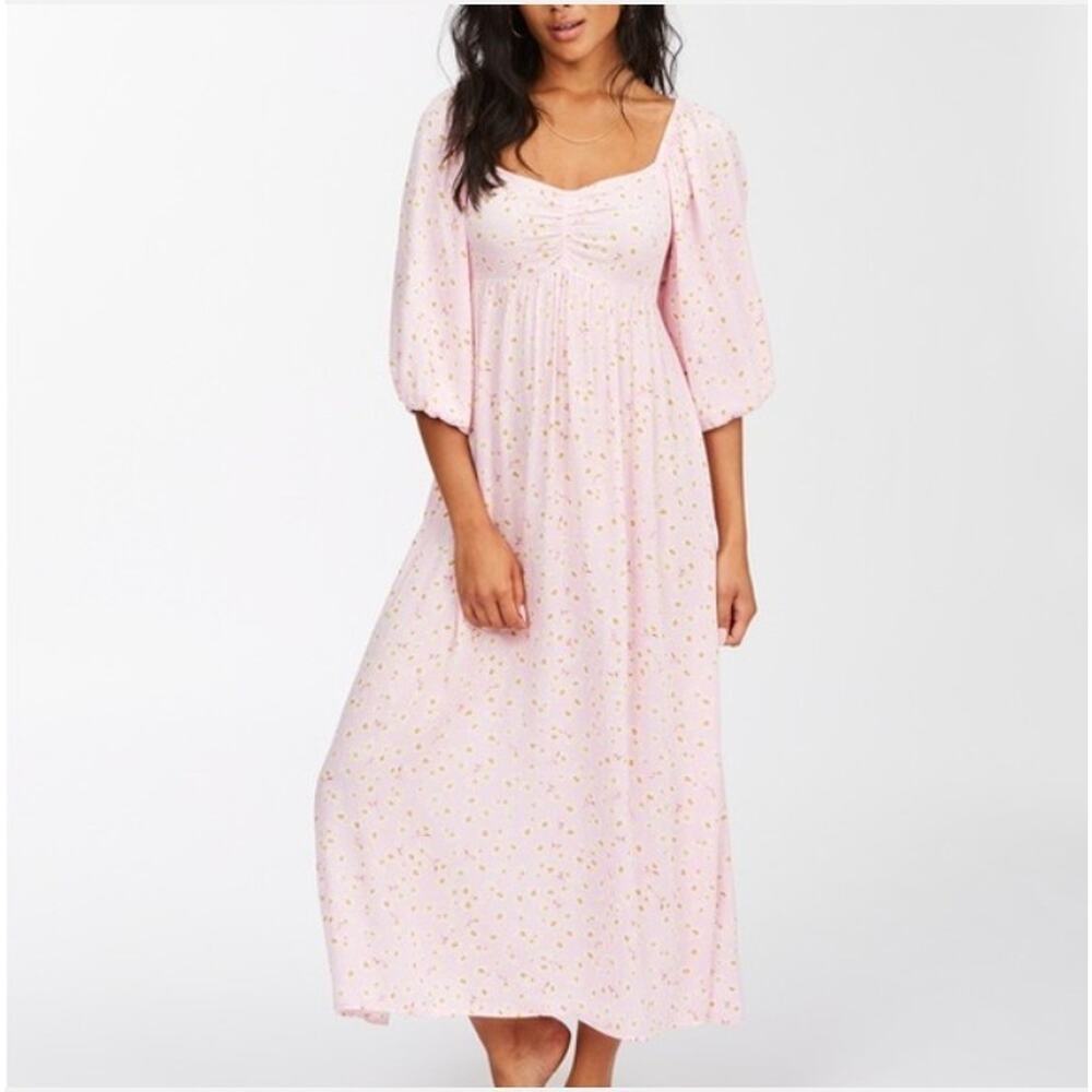 BillaBong Swept Away Midi Dress Pink Floral Puff Sleeve Smocked Cottagecore M - Picture 16 of 16